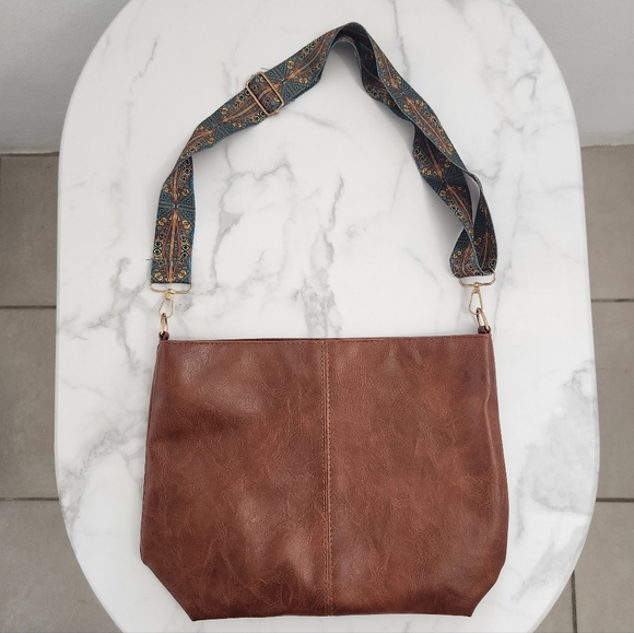 Unisex Dark Brown Tote Bag With Patterned Boho Strap - Picture 2 of 13